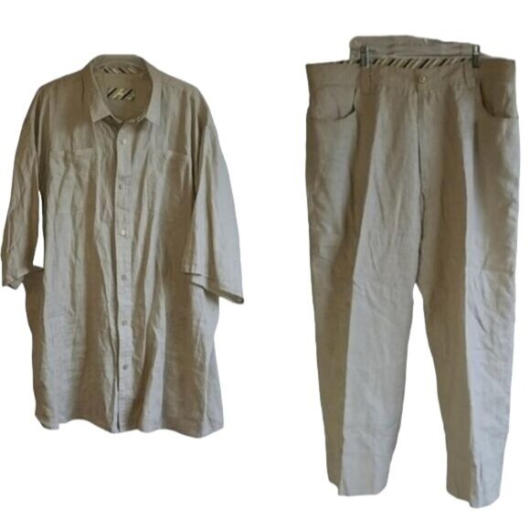 MEN'S VINTAGE 90s Pelle Pelle Linen Shirt Pants Set Cream MAN'S 4 Extra Large - Picture 2 of 15